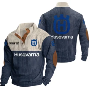 Husqvarna Exclusive Logo Knitted Ribbed Corduroy Sweatshirt Mid Stretch Stand Collar Pullover Sweater, Custom Text HG150325Y32RCSCT2HUS