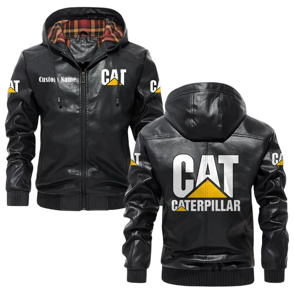 Caterpillar Hooded Jacket PU Leather x Durable Windproof Warm Soft Checkered Lining Customize Name Caterpillar Hooded Jacket PU Leather x Durable Windproof Warm Soft Checkered Lining Customize Name