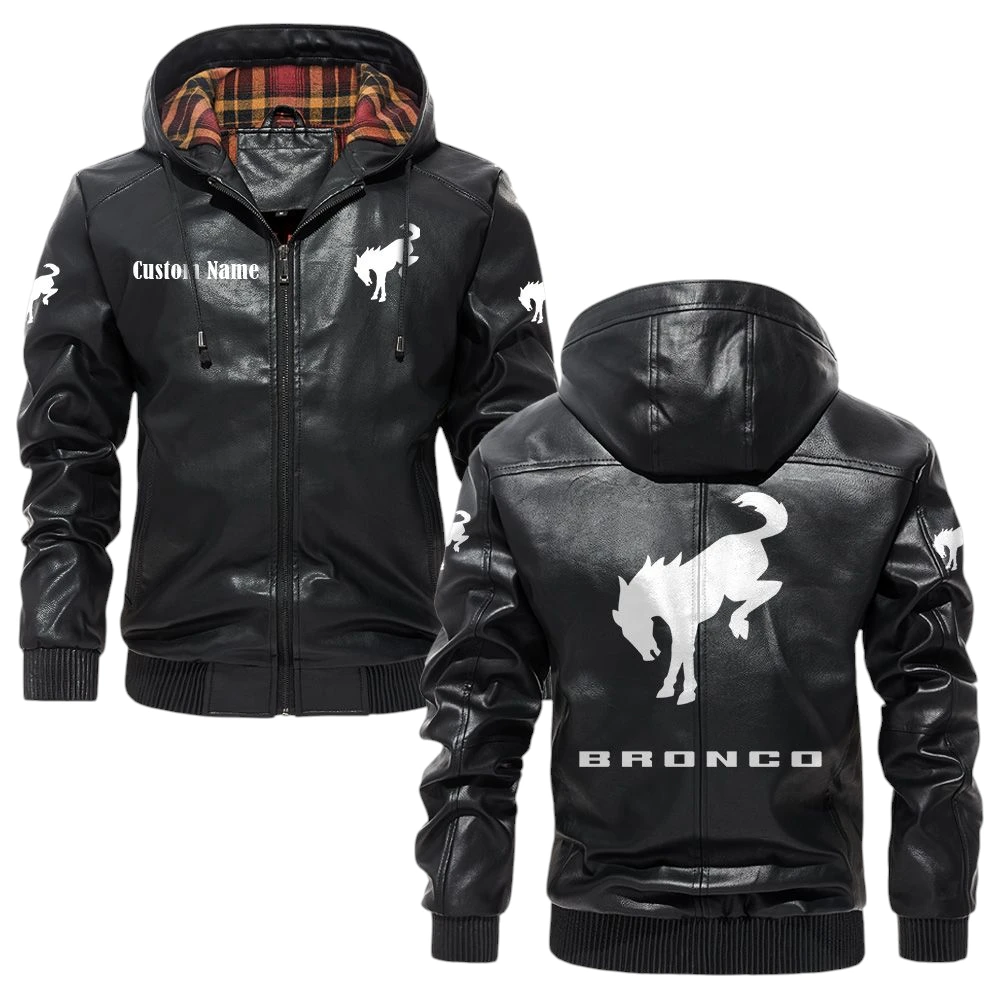 Ford Bronco Hooded Jacket PU Leather x Durable Windproof Warm Soft Checkered Lining Customize Name Ford Bronco Hooded Jacket PU Leather x Durable Windproof Warm Soft Checkered Lining Customize Name