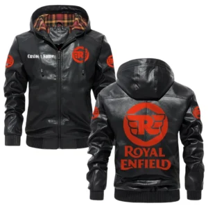 Royal Enfield Exclusive Logo Hooded Jacket PU Leather x Durable Windproof Warm Soft Checkered Lining, Custom Name HG030425Y47JHLCT2ROY