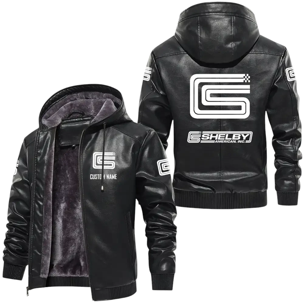 Carroll Shelby PU Leather Hooded Jacket, Mens Durable Windproof Keep Warm Soft Velvet Lined Jacket Customize Name