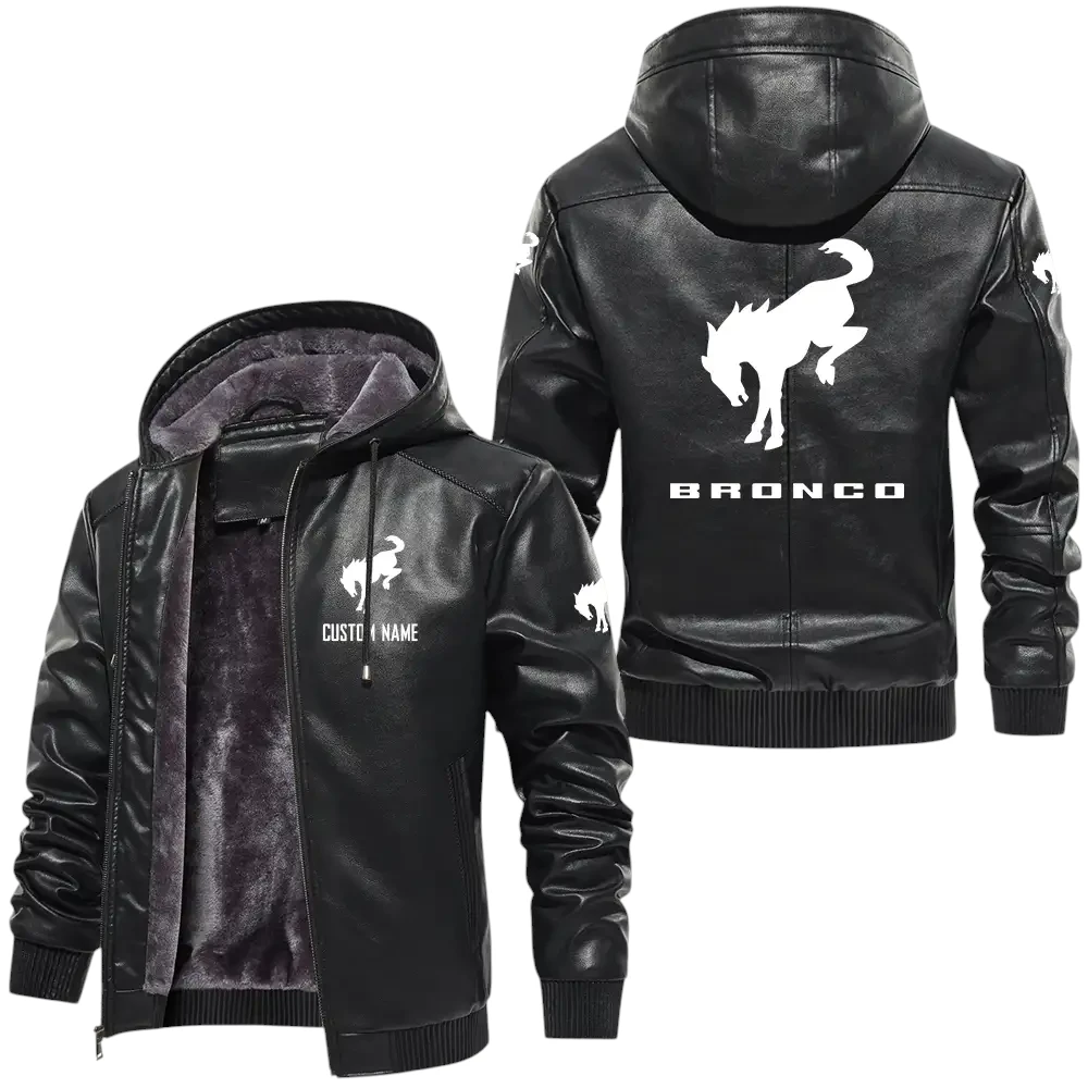 Ford Bronco PU Leather Hooded Jacket, Mens Durable Windproof Keep Warm Soft Velvet Lined Jacket Customize Name