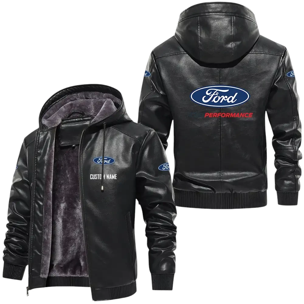 Ford Performance PU Leather Hooded Jacket, Mens Durable Windproof Keep Warm Soft Velvet Lined Jacket Customize Name