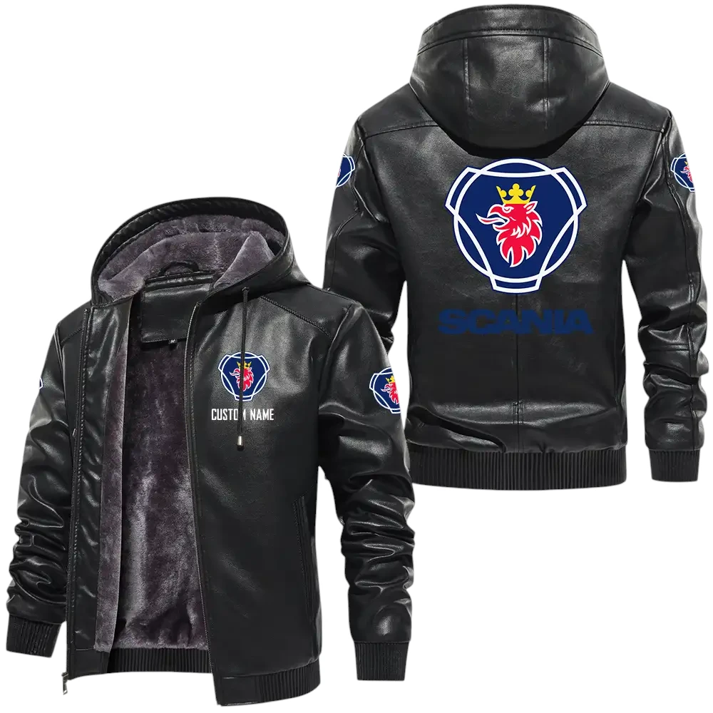 Scania PU Leather Hooded Jacket, Mens Durable Windproof Keep Warm Soft Velvet Lined Jacket Customize Name
