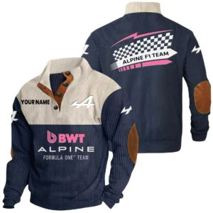 Alpine F1 Team Racing Exclusive Logo Knitted Ribbed Corduroy Sweatshirt Stand Collar Custom Name