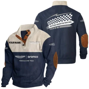 Aston Martin Racing Exclusive Logo Knitted Ribbed Corduroy Sweatshirt Stand Collar Custom Name