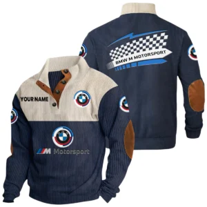 BMW M Motorsport Racing Exclusive Logo Knitted Ribbed Corduroy Sweatshirt Stand Collar Custom Name