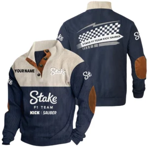 Stake F1 Team Kick Sauber Exclusive Logo Knitted Ribbed Corduroy Sweatshirt Stand Collar Custom Name