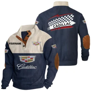 Cadillac Exclusive Logo Knitted Ribbed Corduroy Sweatshirt Stand Collar Custom Name