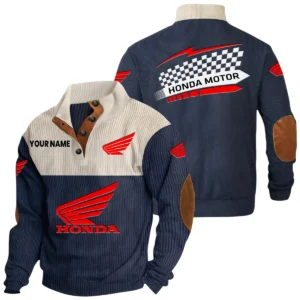 Honda Motor Exclusive Logo Knitted Ribbed Corduroy Sweatshirt Stand Collar Custom Name