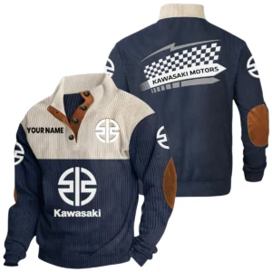 Kawasaki Motors Exclusive Logo Knitted Ribbed Corduroy Sweatshirt Stand Collar Custom Name