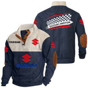 Suzuki Motor Exclusive Logo Knitted Ribbed Corduroy Sweatshirt Stand Collar Custom Name