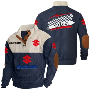 Suzuki Exclusive Logo Knitted Ribbed Corduroy Sweatshirt Stand Collar Custom Name