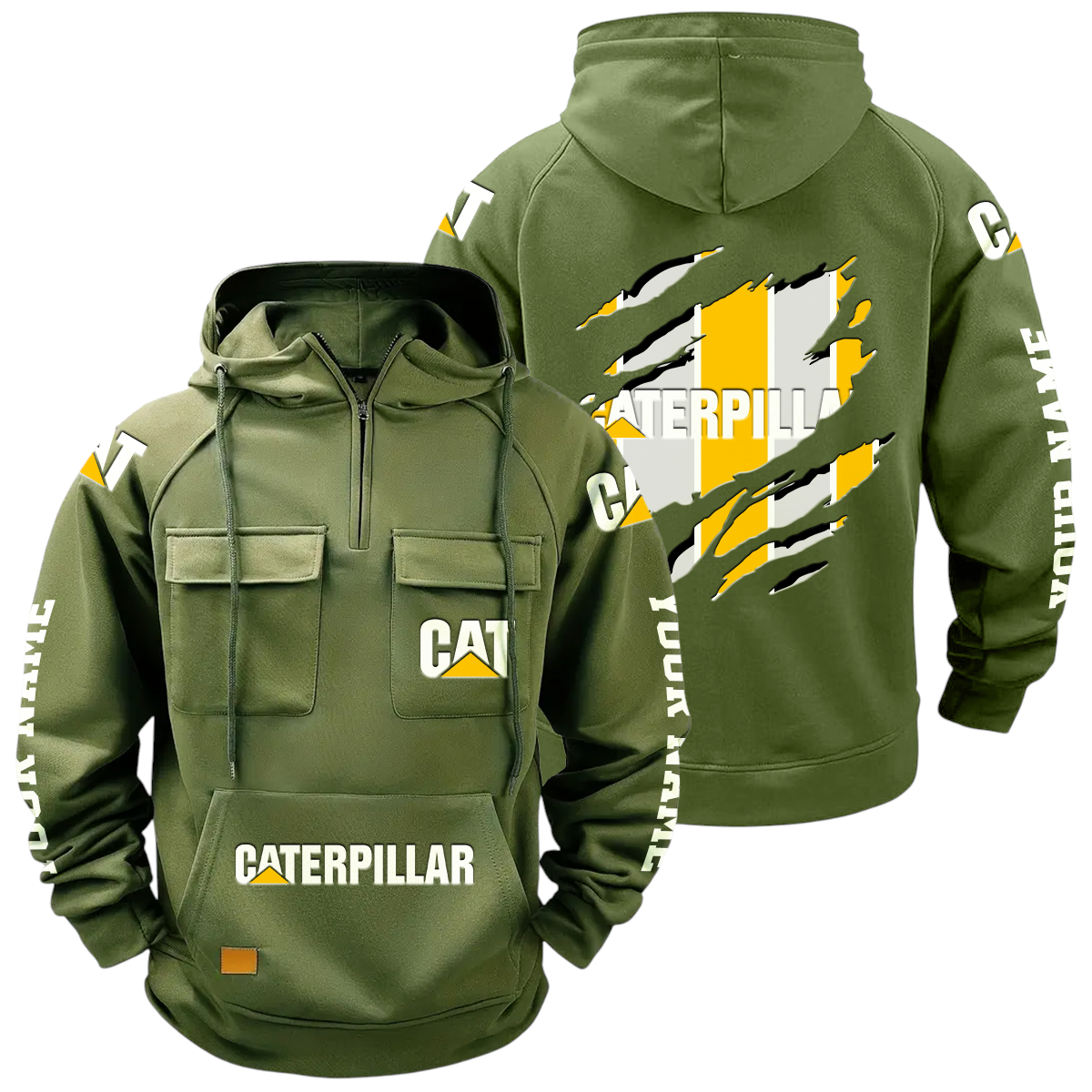 Caterpillar Quarter Zip Hoodie Multi-Pockets Personalize Text Caterpillar Quarter Zip Hoodie Multi-Pockets Personalize Text