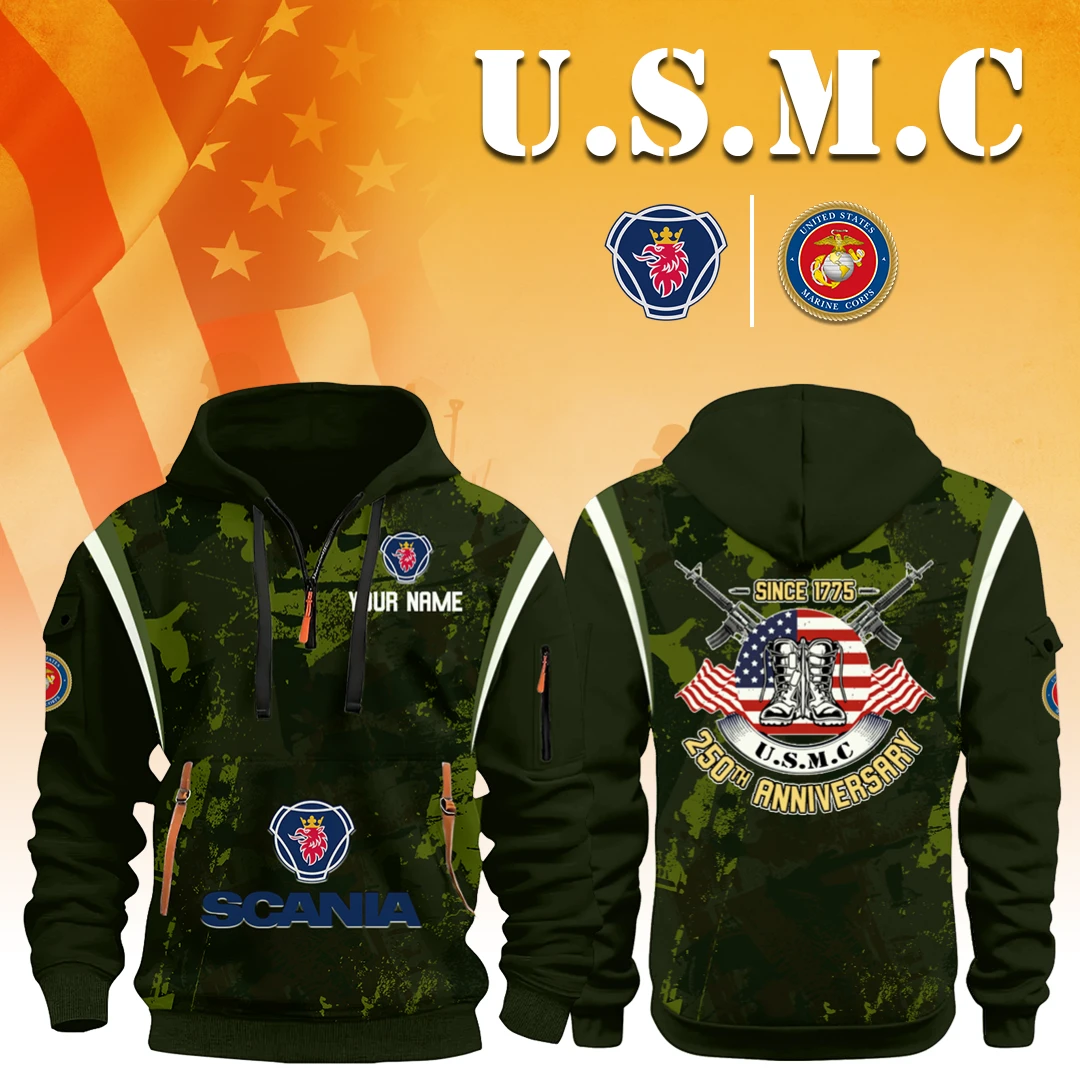 Scania x USMC 250th Anniversary Half Zip Hoodie Customize Text Scania x USMC 250th Anniversary Half Zip Hoodie Customize Text