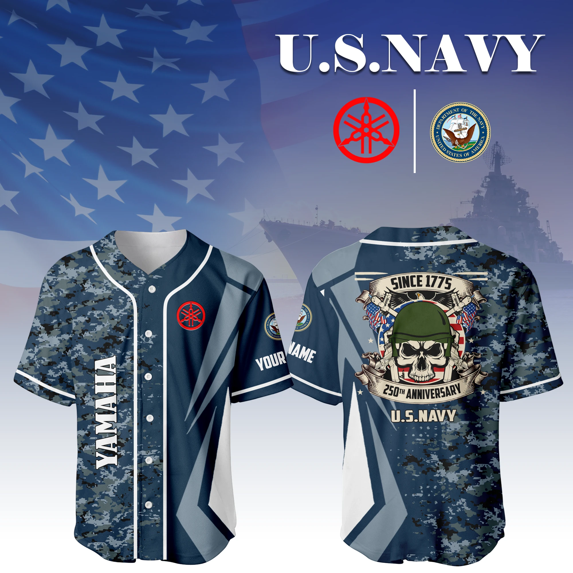 Yamaha x US Navy 250th Anniversary Baseball Jersey Customize Name Yamaha x US Navy 250th Anniversary Baseball Jersey Customize Name