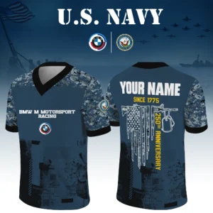 BMW M Motorsport Racing x US Navy 250th Anniversary V-Neck Short Sleeve Jersey 3D Limited 2026 Custom Your Name