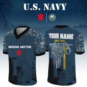Suzuki Motor x US Navy 250th Anniversary V-Neck Short Sleeve Jersey 3D Limited 2026 Custom Your Name