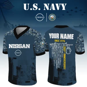 Nissan x US Navy 250th Anniversary V-Neck Short Sleeve Jersey 3D Limited 2026 Custom Your Name