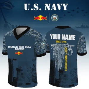 Oracle Red Bull Racing x US Navy 250th Anniversary V-Neck Short Sleeve Jersey 3D Limited 2026 Custom Your Name