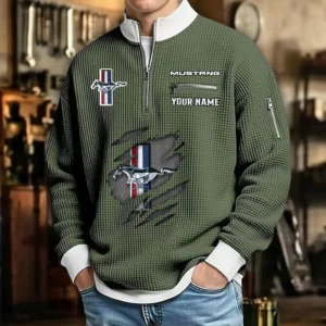 Ford Mustang Men's Waffle Sweatshirt Quarter Zip Stand Collar Limited Customize Text