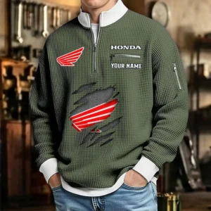 Honda Motor Waffle Sweatshirt Quarter-Zip Stand Collar Limited Customize Name
