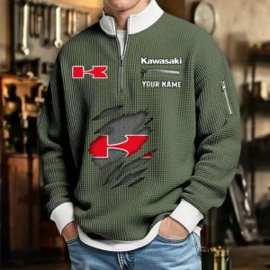 Kawasaki Motors Waffle Sweatshirt Quarter-Zip Stand Collar Limited Customize Name