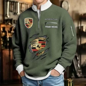 Porsche Men's Waffle Sweatshirt Quarter Zip Stand Collar Limited Customize Text