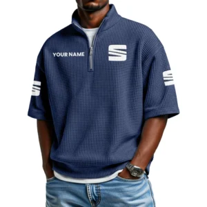 Seat Car Men's Quarter Zip Waffle Knit Short Sleeve Shirt