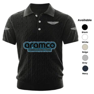 Aston Martin Racing Polo Shirt Men Knitted Top Texture, Short Sleeve