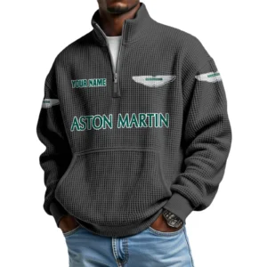 Aston Martin Men’s Quarter Zip Pullover Sweatshirt Waffle Knit Pocket Customize Name