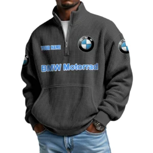 BMW Motorrad Men’s Quarter Zip Pullover Sweatshirt Waffle Knit Pocket Customize Name