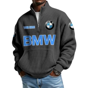 BMW Men’s Quarter Zip Pullover Sweatshirt Waffle Knit Pocket Customize Name