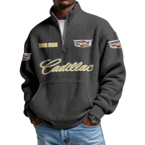 Cadillac Men’s Quarter Zip Pullover Sweatshirt Waffle Knit Pocket Customize Name