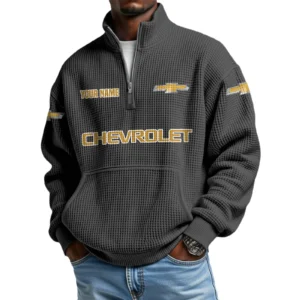 Chevrolet Men’s Quarter Zip Pullover Sweatshirt Waffle Knit Pocket Customize Name