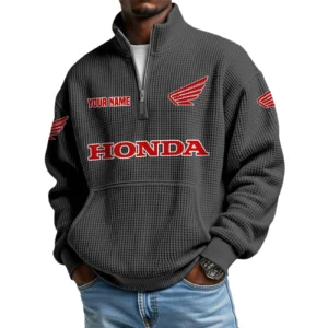Honda Motorcycle Men’s Quarter Zip Pullover Sweatshirt Waffle Knit Pocket Customize Name