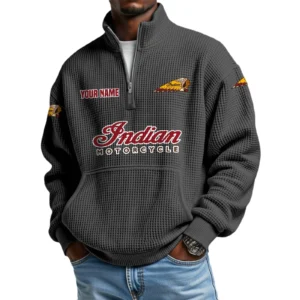 Indian Motorcycle Men’s Quarter Zip Pullover Sweatshirt Waffle Knit Pocket Customize Name