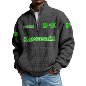 Kawasaki Men’s Quarter Zip Pullover Sweatshirt Waffle Knit Pocket Customize Name