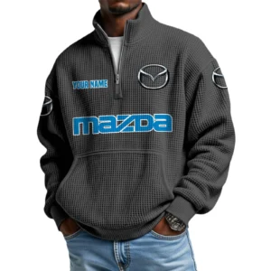 Mazda Men’s Quarter Zip Pullover Sweatshirt Waffle Knit Pocket Customize Name
