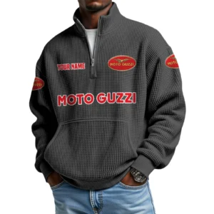 Moto Guzzi Men’s Quarter Zip Pullover Sweatshirt Waffle Knit Pocket Customize Name
