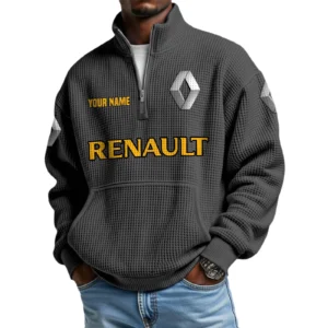Renault Men’s Quarter Zip Pullover Sweatshirt Waffle Knit Pocket Customize Name