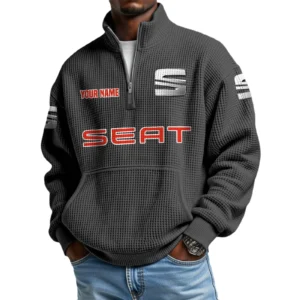 Seat Men’s Quarter Zip Pullover Sweatshirt Waffle Knit Pocket Customize Name