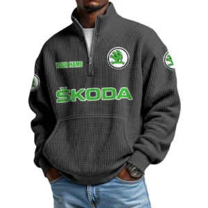 Skoda Men’s Quarter Zip Pullover Sweatshirt Waffle Knit Pocket Customize Name