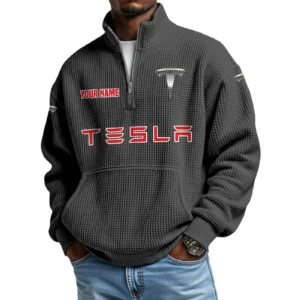 Tesla Men’s Quarter Zip Pullover Sweatshirt Waffle Knit Pocket Customize Name