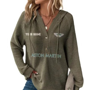 Aston Martin Women's Waffle Knit V-Neck Hoodie Customize Name