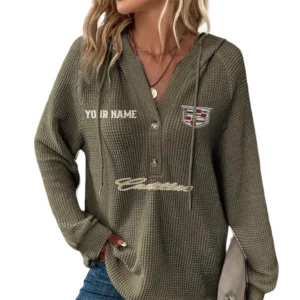 Cadillac Women's Waffle Knit V-Neck Hoodie Customize Name