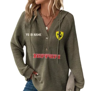 Ferrari Women's Waffle Knit V-Neck Hoodie Customize Name