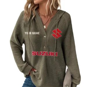 Suzuki Motors Women's Waffle Knit V-Neck Hoodie Customize Name