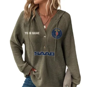 Saab Women's Waffle Knit V-Neck Hoodie Customize Name
