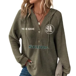 Skoda Women's Waffle Knit V-Neck Hoodie Customize Name
